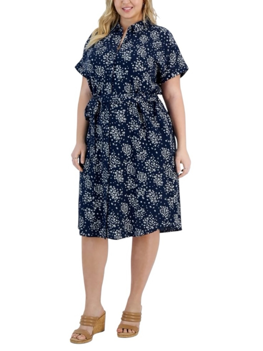 Style & Co Navy Floral Shirt Dress XXL 100% Cotton Tie Waist Short Sleeve Midi